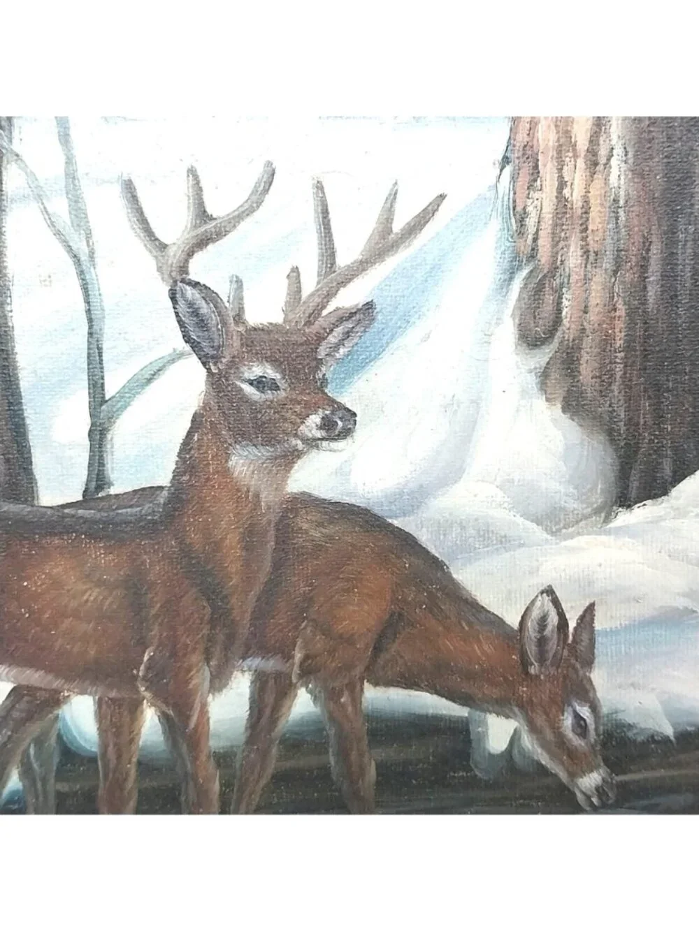 Bevel Framed Winter Forest Oil Painting With Deer Signed By Rex Hunting Lodge